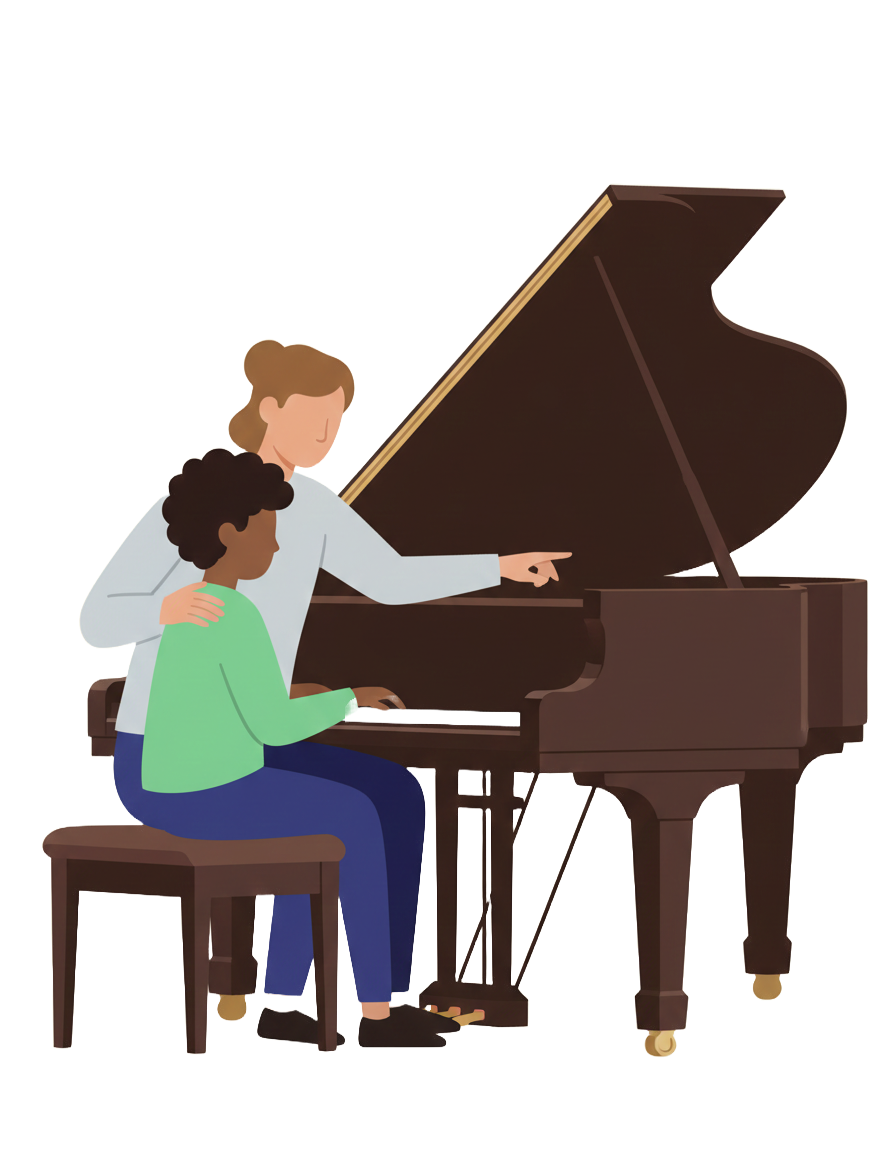 Child playing piano with guidance